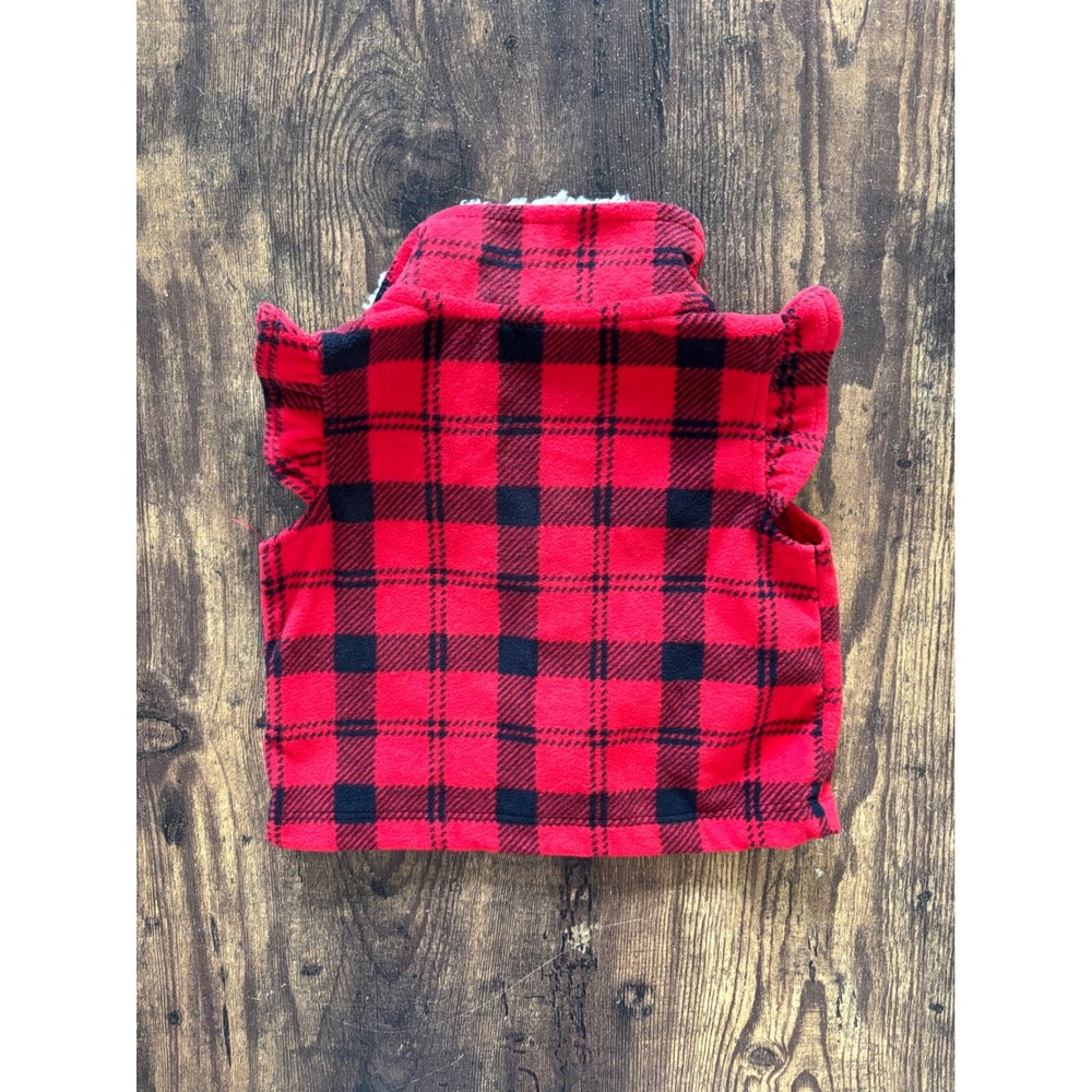 Carters Baby Girl Red Black Buffalo Plaid Fleece Vest Sherpa Collar Ruffle 3M - Picture 4 of 5